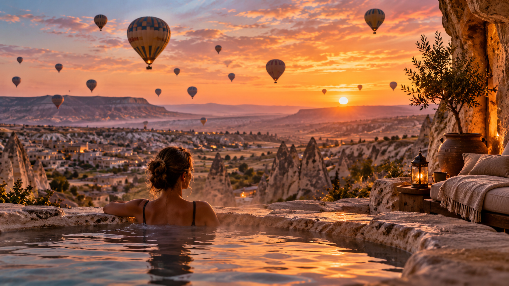 A traveler in a terrace pool watching hot-air balloons float above a rocky landscape at sunrise