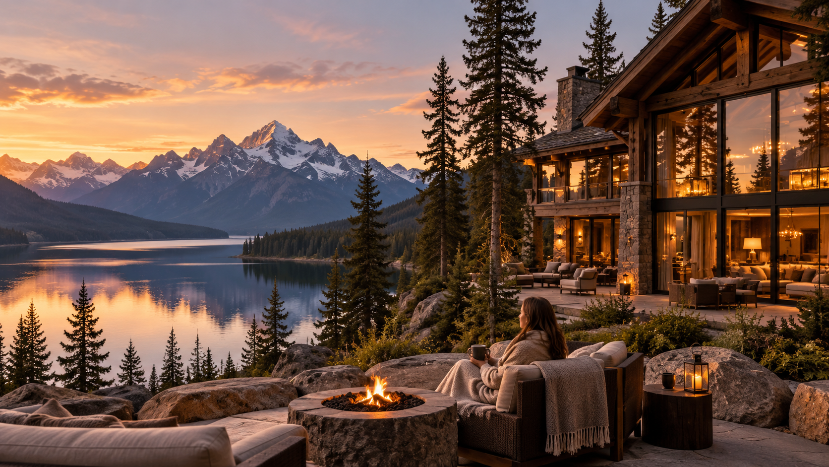 A traveler beside a fire at a peaceful mountain lodge overlooking a lake at sunset